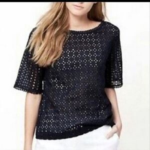 LOFT Eyelet Navy Cotton Short Sleeve Top with Poms